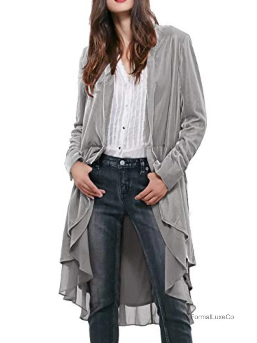 Ruffled Asymmetric Long Velvet Blazers Coat Casual Jackets